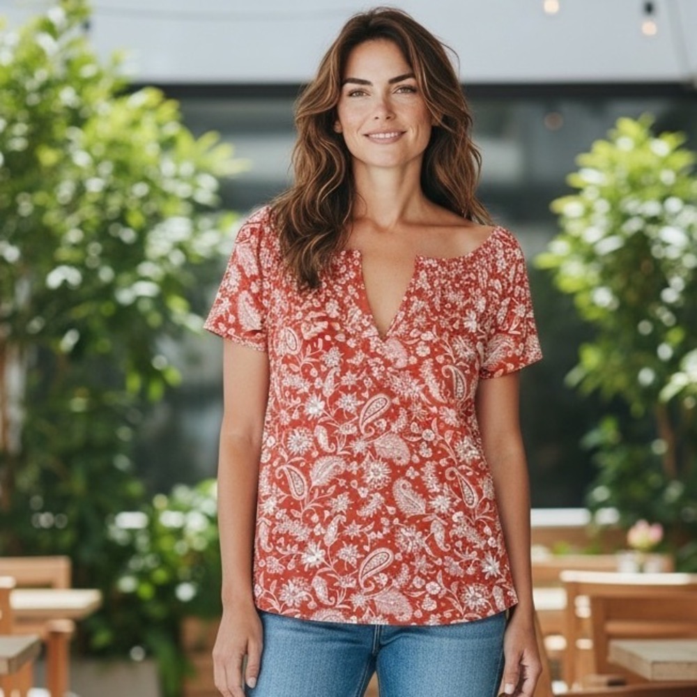 Papermoon Women's Terracotta Paisley Floral Split Neck Blouse Bohemian Western M